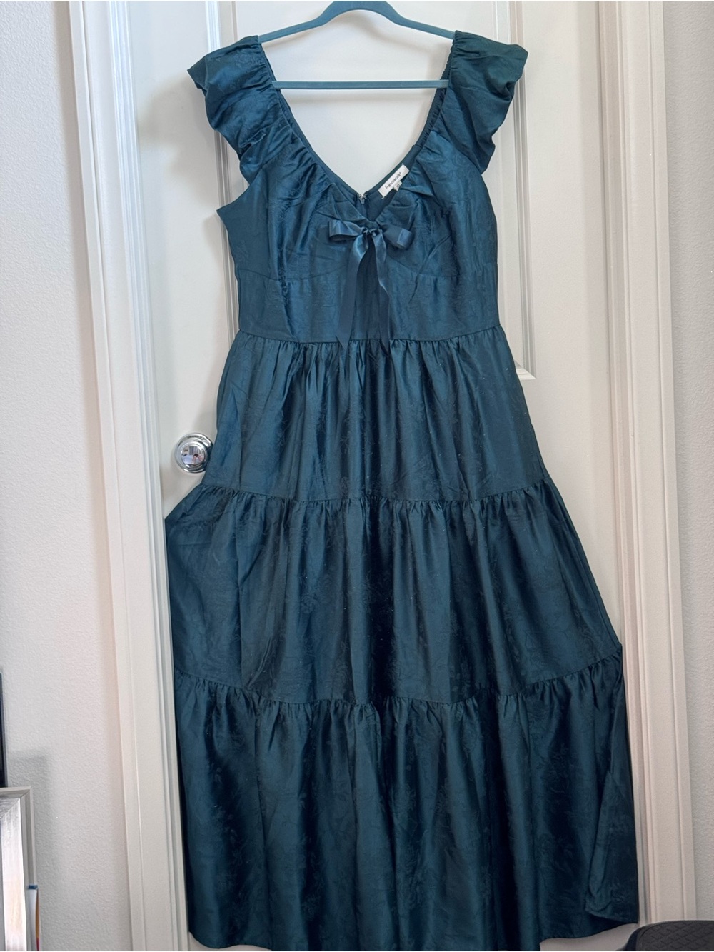 Francesca's Collections Teal Tiered Maxi Dress with Front Bow